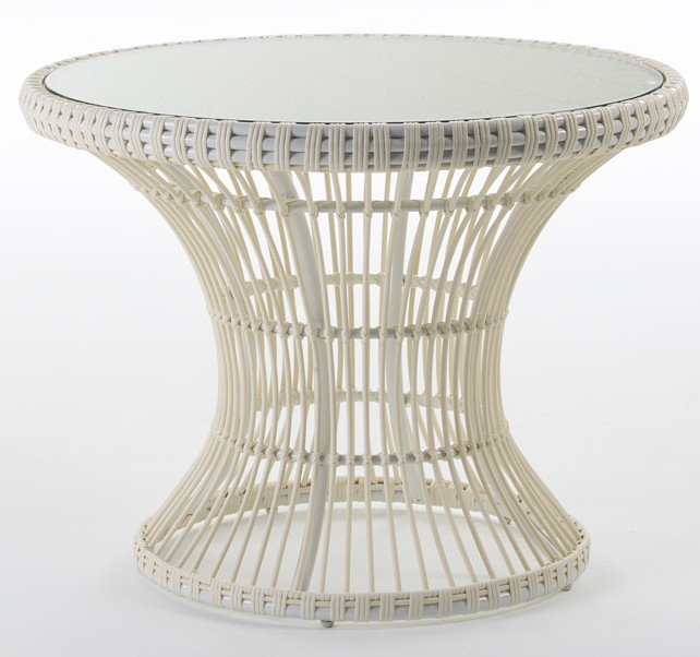 Thai Mobilier Table de jardin ronde verre et rotin synthétique blanc