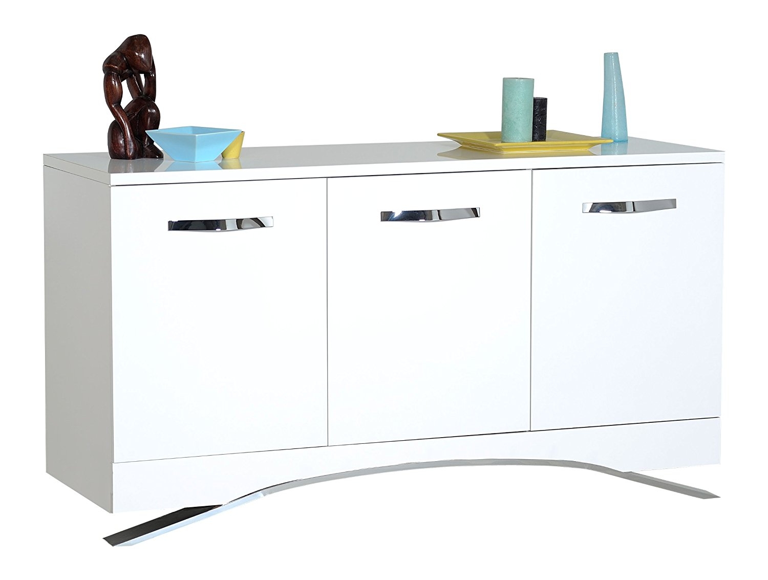 Buffet 3 portes bois blanc et métal chromé brillant Venita