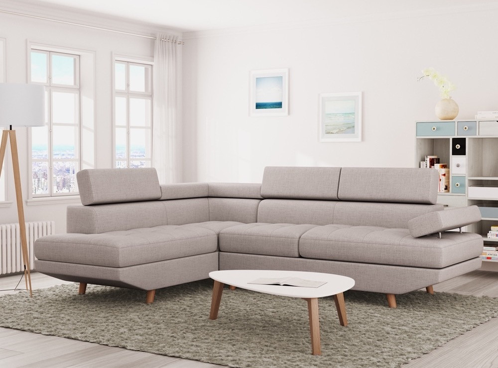 Canapé d'angle gauche scandinave avec appuis têtes tissu beige clair