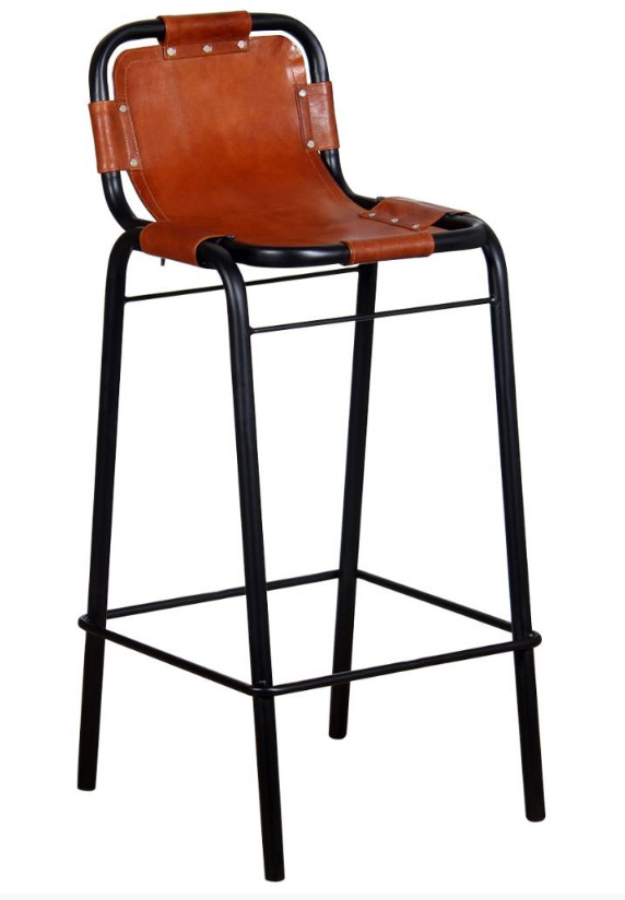 Chaise de bar cuir véritable marron et métal noir Sopra  Lot de 2