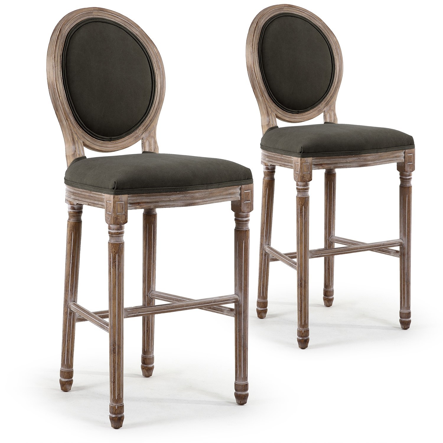 Chaise haute médaillon bois et tissu gris Louis XVI  Lot de 2