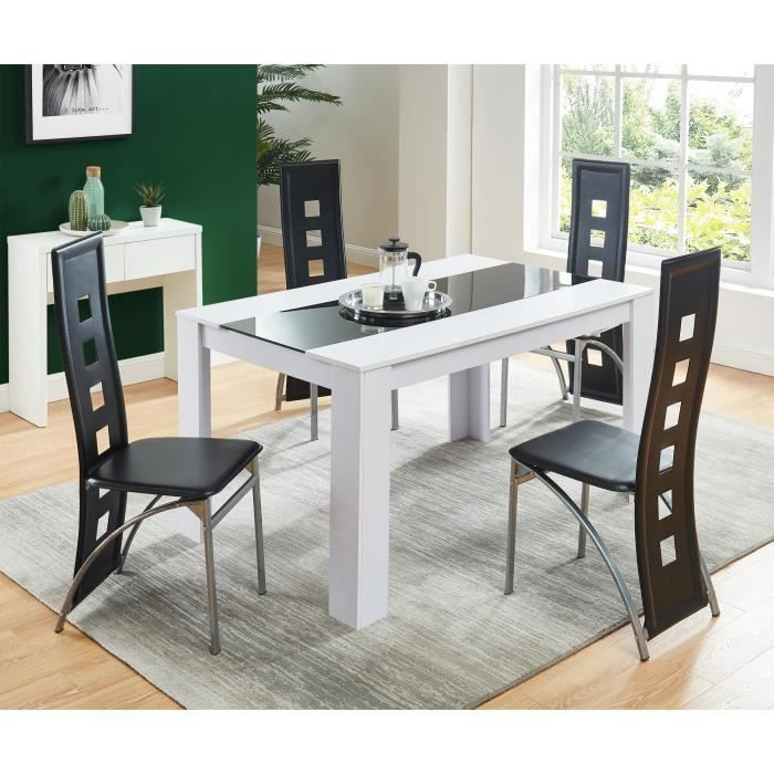 DAMIA Ensemble table a manger 4 a 6 personnes blanc et verre + 4