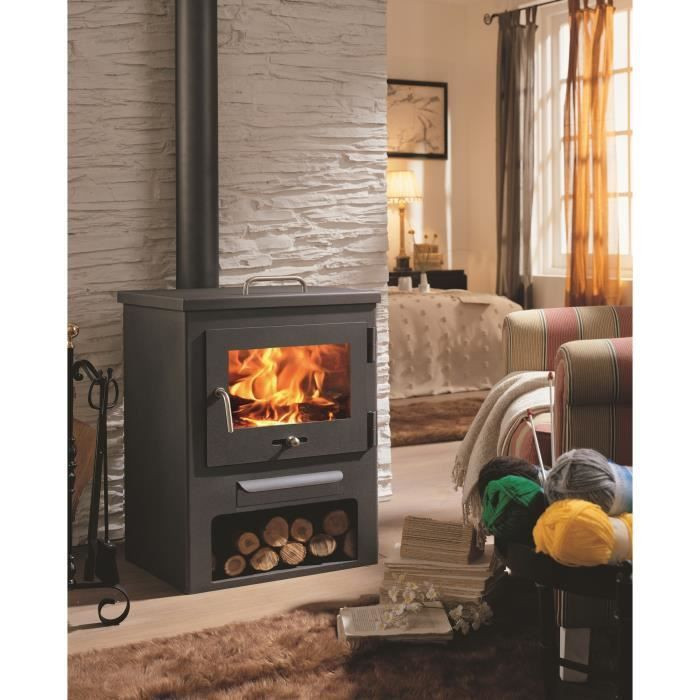 DINA 12 kW Poele a bois avec chauffe-plats et rangé-bûches - Bûches 50