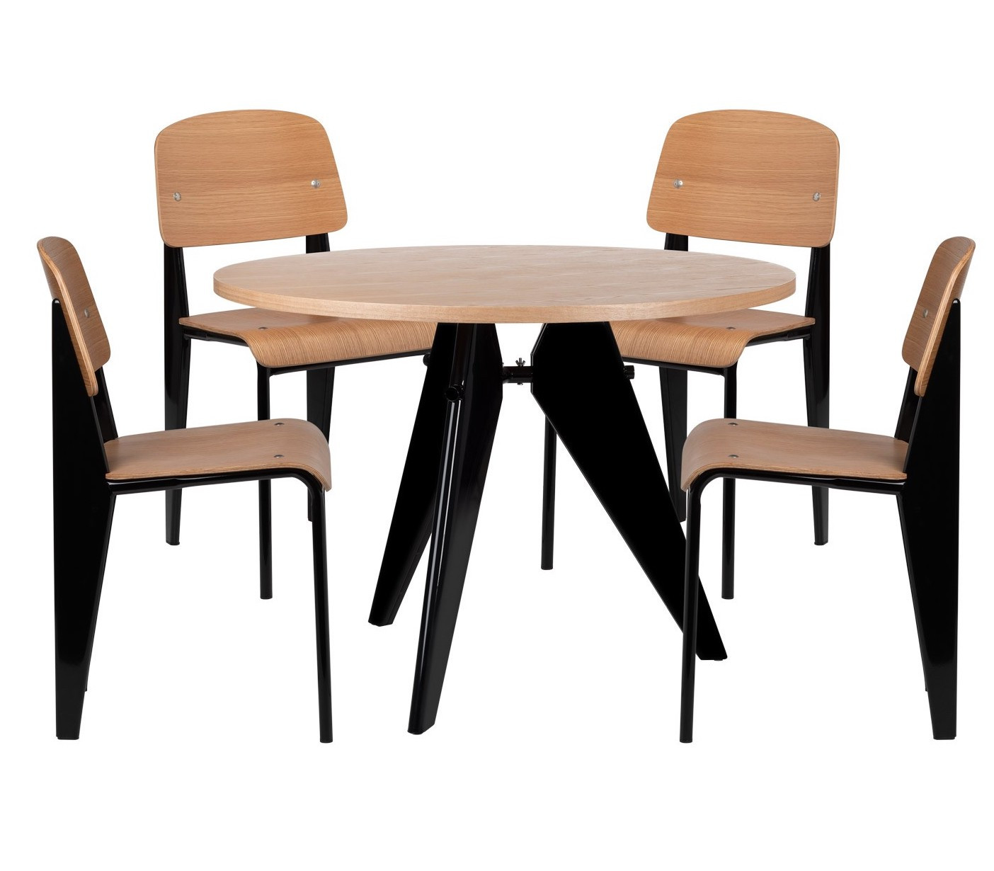 Ensemble table et 4 chaises industriel bois de frêne et acier noir