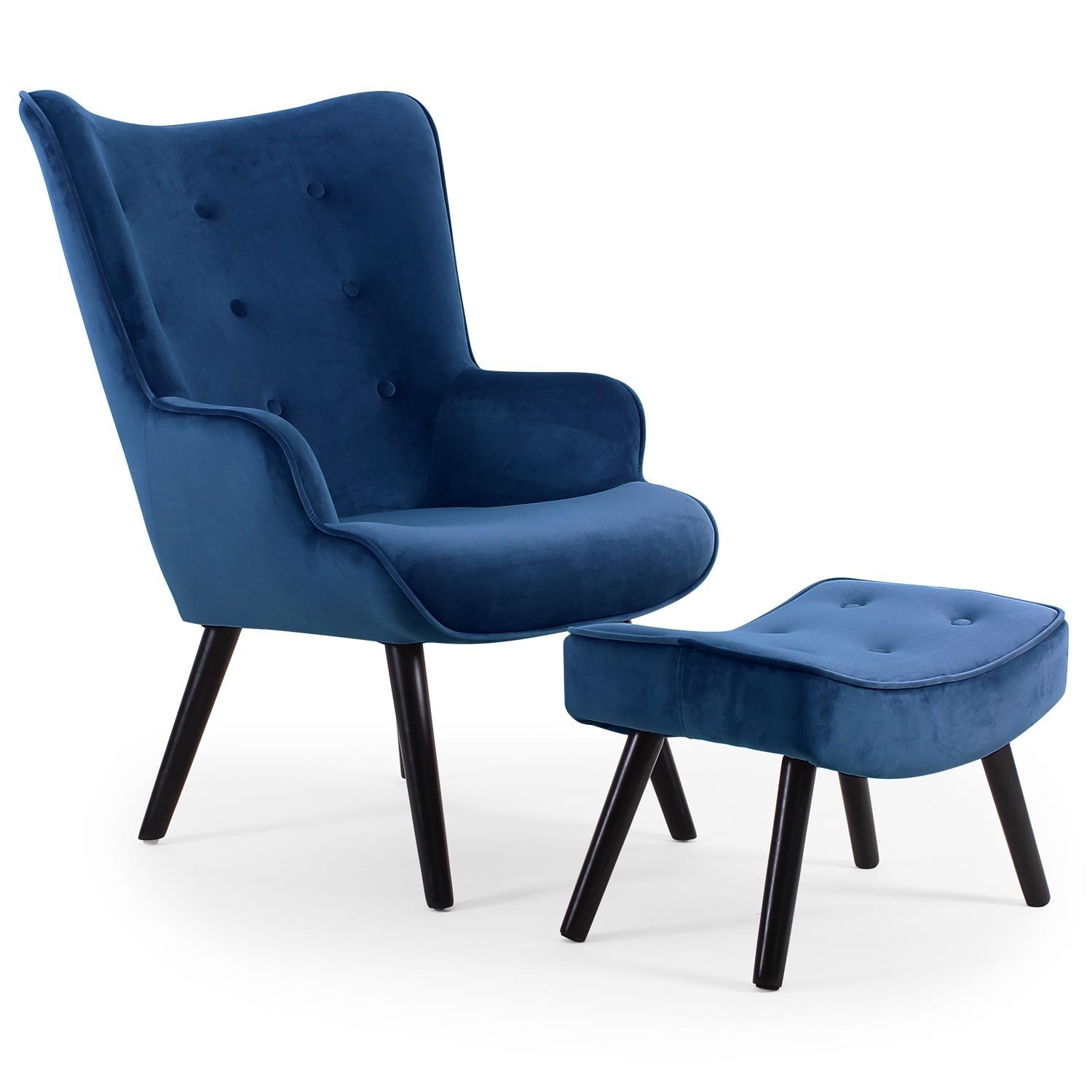 Fauteuil velours bleu scandinave avec repose pieds Sonia ...