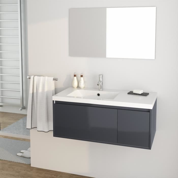 GIRONA Ensemble meubles de salle de bain simple vasque + miroir L 90 cm