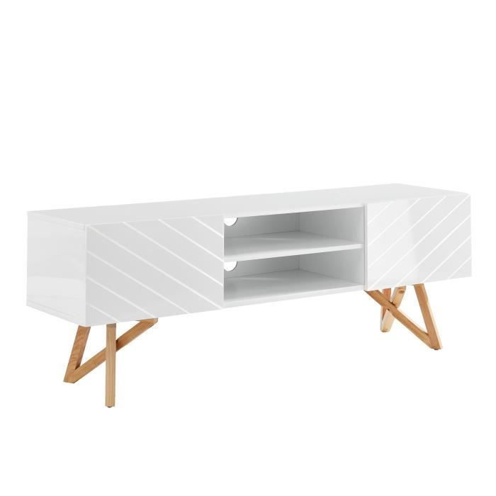 LULEA Meuble TV scandinave blanc laqué brillant - L 160 cm ...