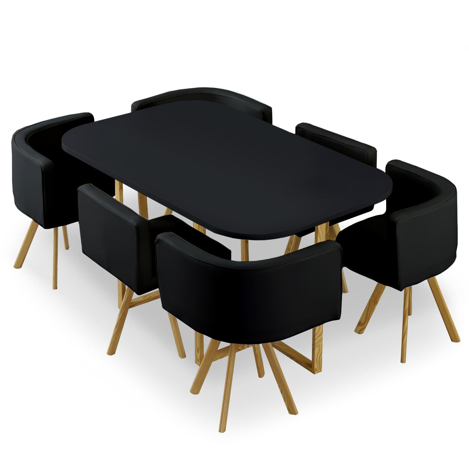 Table bois noir et 6 chaises silimi cuir noir Manda ...