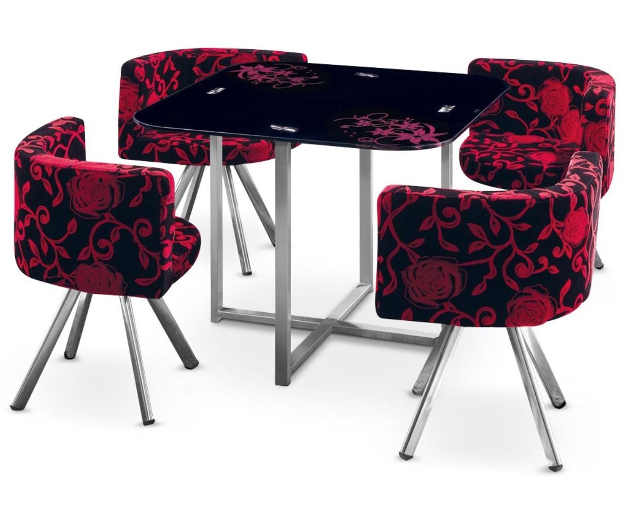 Table et 4 chaises Mosaic 90 Fleurs rouge et noir  LesTendances.fr