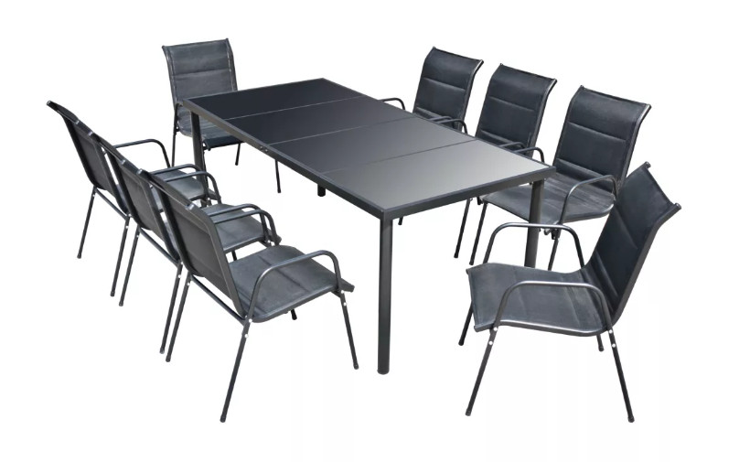 Home  Table rectangulaire et 8 chaises de jardin métal et tissu noir