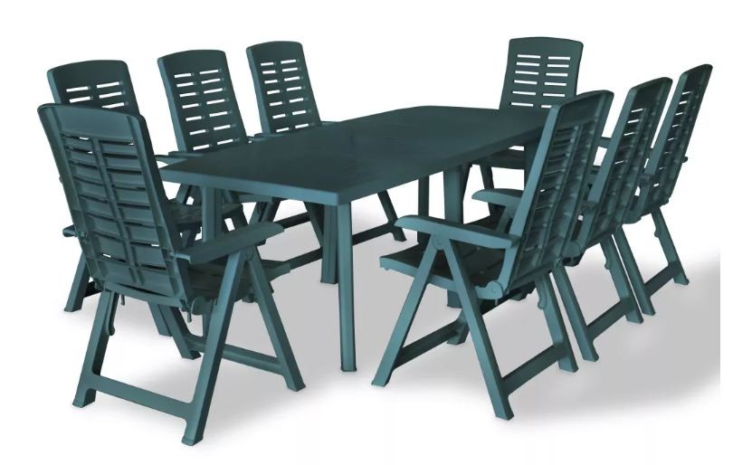 Table rectangulaire et 8 chaises de jardin plastique vert Camille