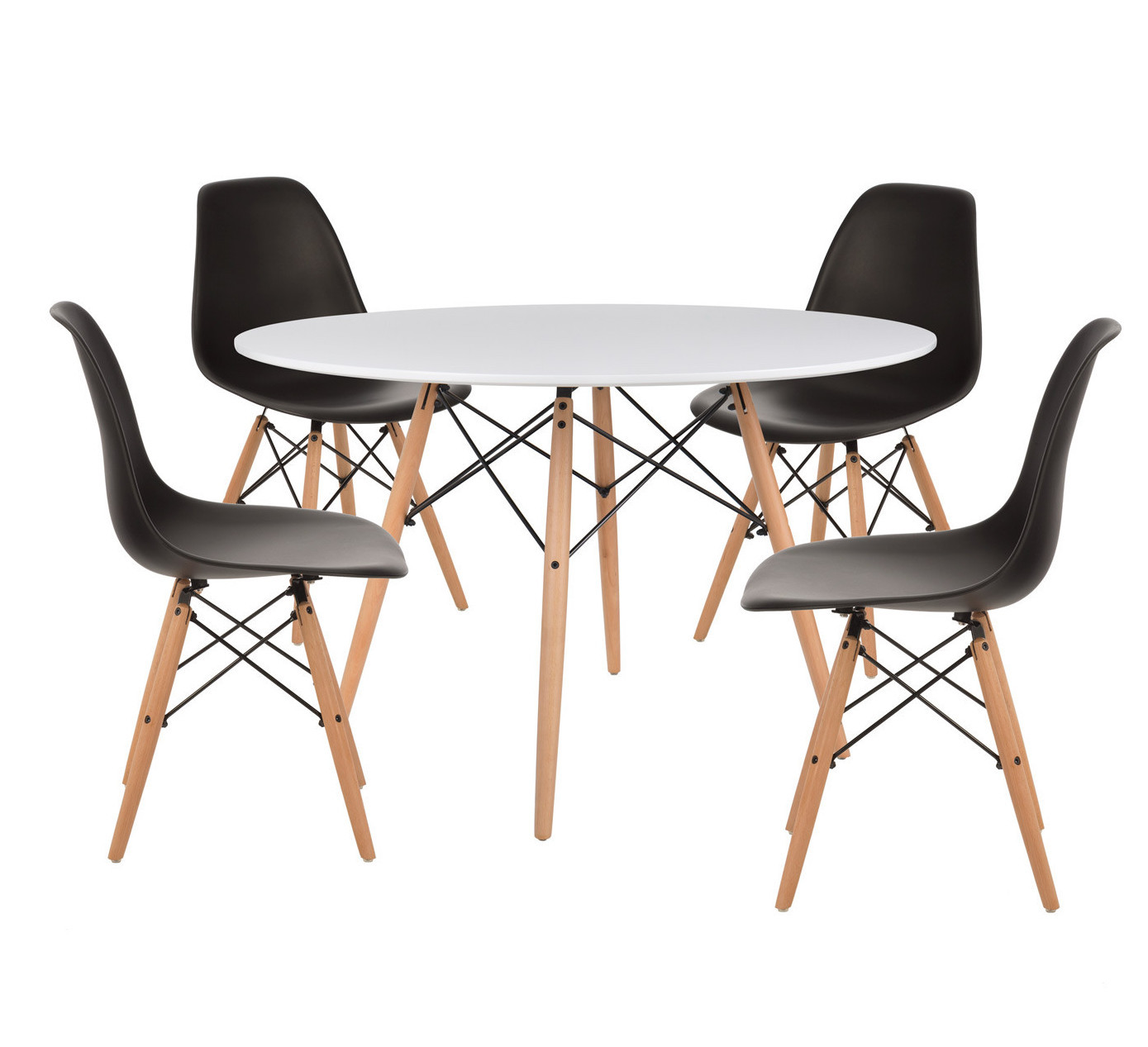 Table ronde scandinave 120 cm et 4 chaises noir et bois naturel Verda
